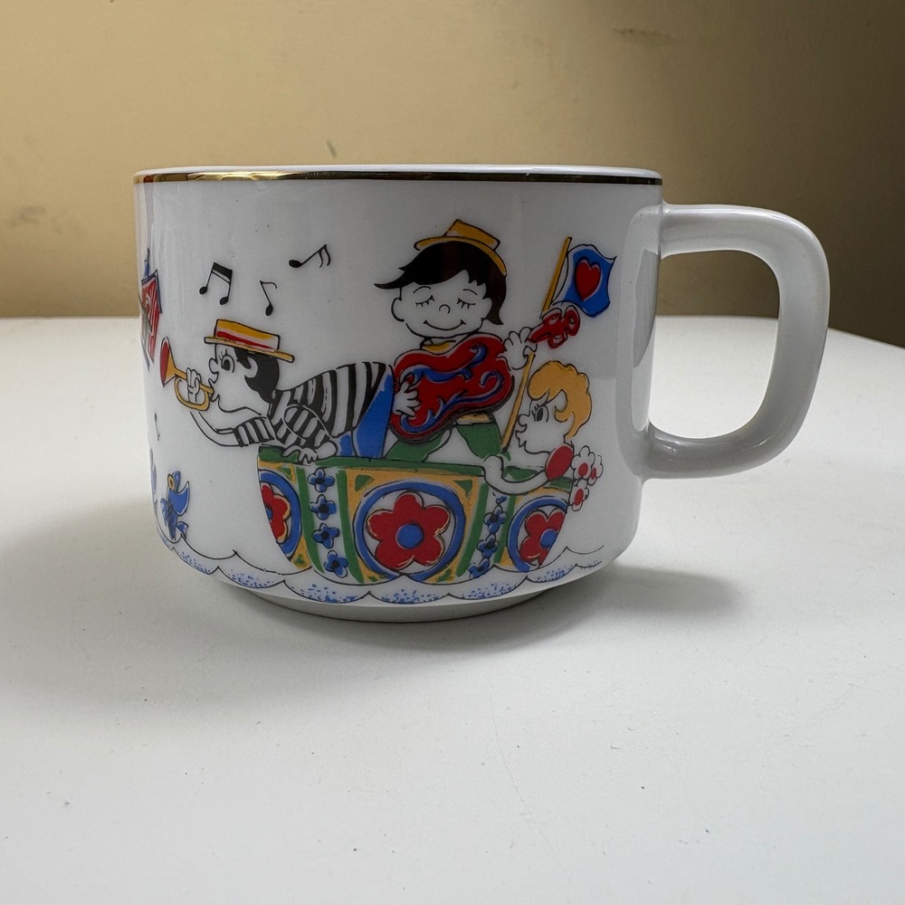 Vintage Hellerware Mug Cartoon Children‎ Music Japan Flag Gold Rim